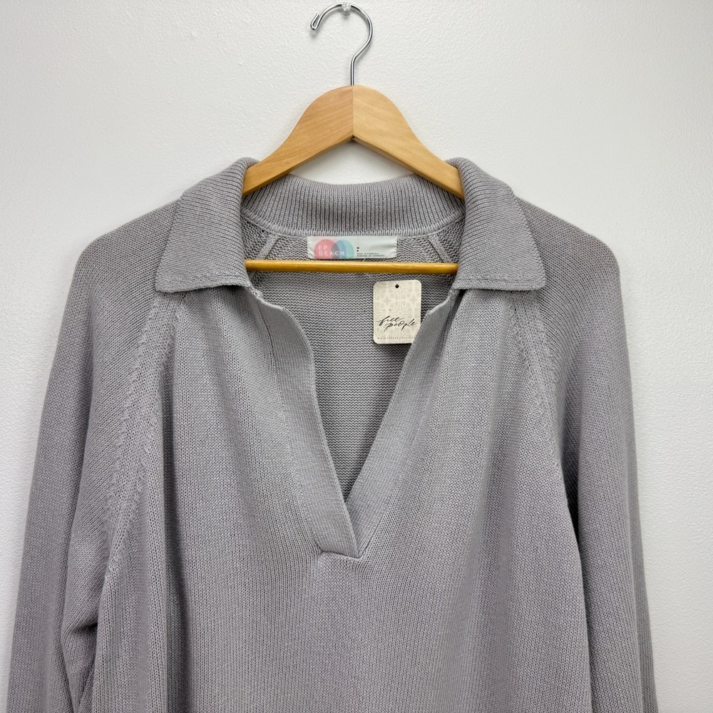 FP Beach Free People NWT Drea Sweater Sz S Oversized Collared Quiet Grey Cotton - Picture 2 of 16